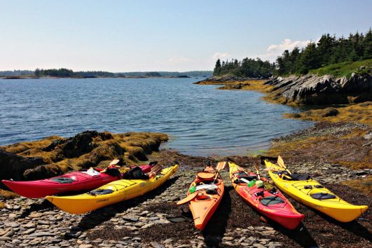 Kayaks ready to be launched for a paddle along wild, pristine coastline, sheltered fishing harbors, and opulent yacht-filled anchorages with Freewheeling Adventures.