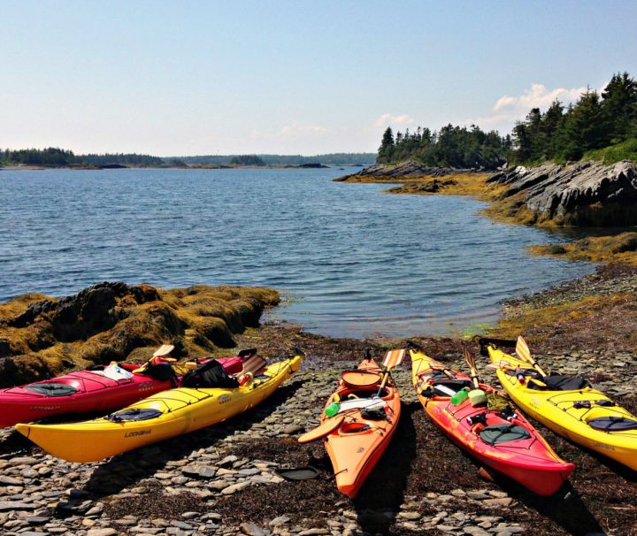 Kayaks ready to be launched for a paddle along wild, pristine coastline, sheltered fishing harbors, and opulent yacht-filled anchorages on our South Shore Sea Kayak