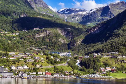 Norway mountains and forests surround houses in Bergen