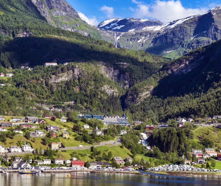 Norway mountains and forests surround houses in Bergen