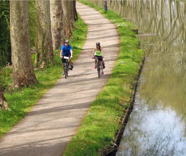 This image depicts a scenic moment in time featuring cyclists riding along a towpath beside the Canal du Midi in France